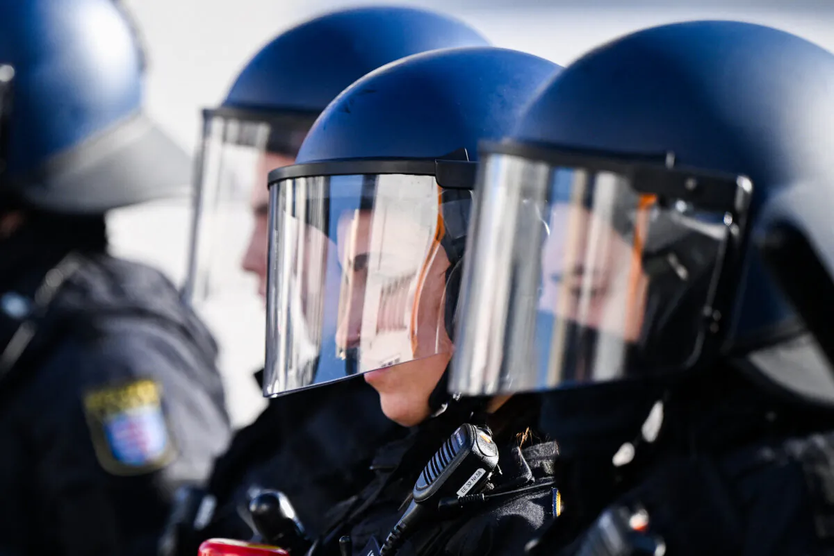 Police block the road access to an AfD campaign meeting during a demostration under the motto "Block Alice Weidel," co-leader of the Alternative for Germany (AfD) party, in Neu-Isenburg near Frankfrurt am Main, western Germany, on Feb. 1, 2025. (Kirill Kudryavtsev / AFP)