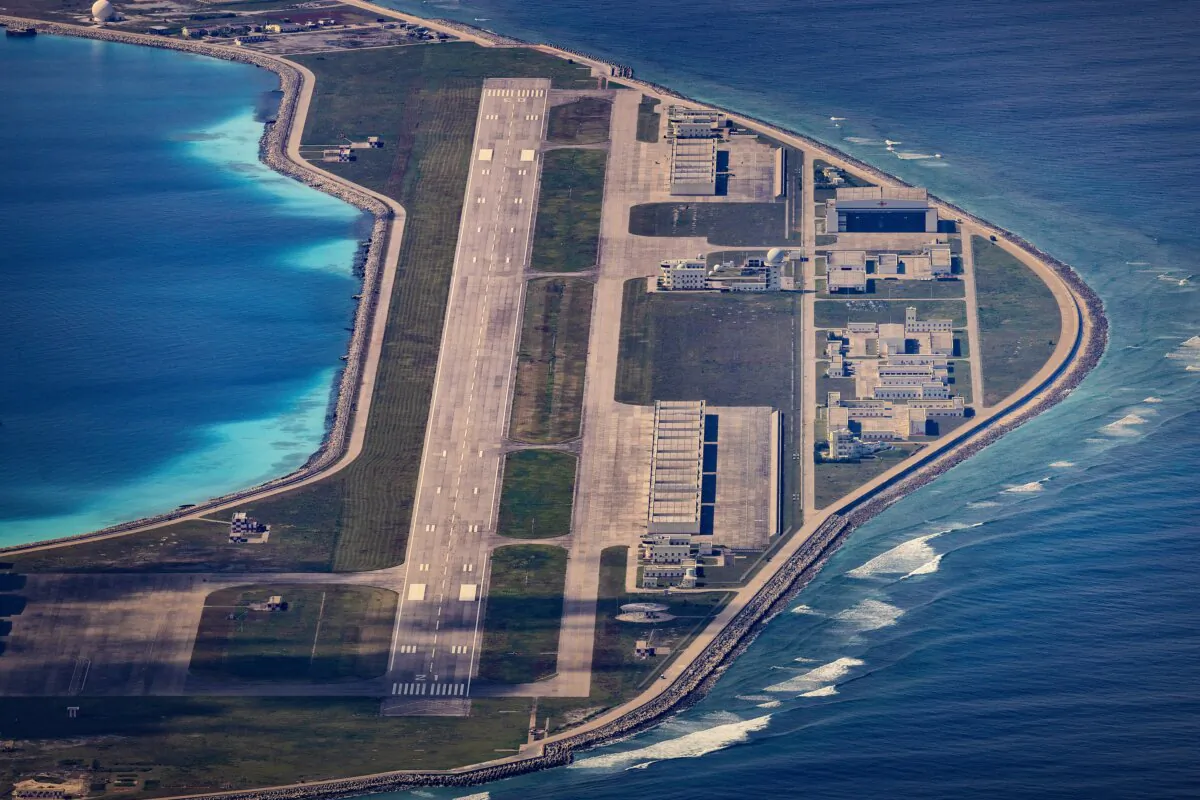 An airfield, buildings, and structures are seen on the artificial island built by China in Mischief Reef in Spratly Islands, South China Sea, on Oct. 25, 2022. (Ezra Acayan/Getty Images)