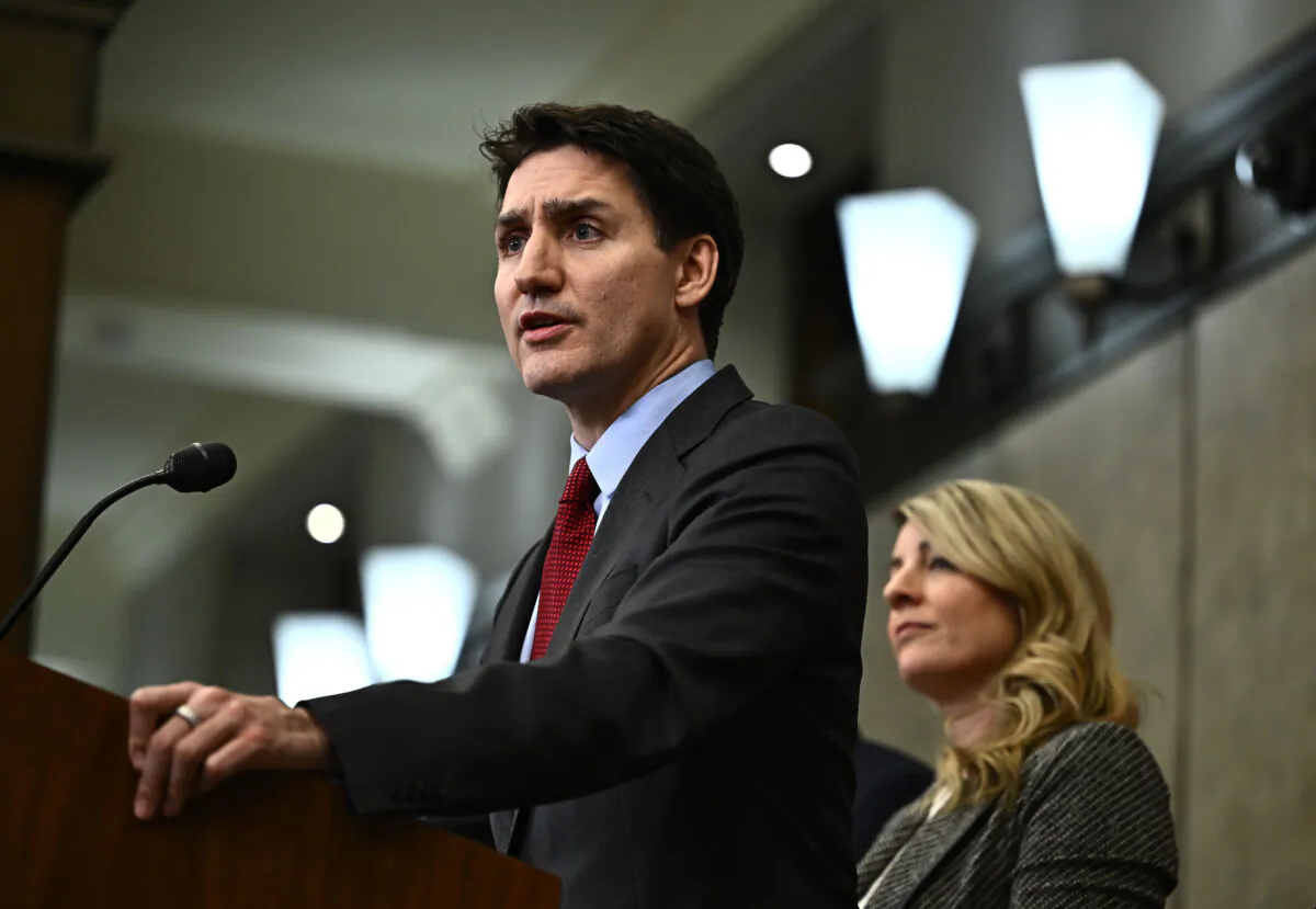 Prime Minister Justin Trudeau addresses media following the imposition of a raft of tariffs by U.S. President Donald Trump against Canada, Mexico and China, in Ottawa, on Feb. 1, 2025. (The Canadian Press/Justin Tang)