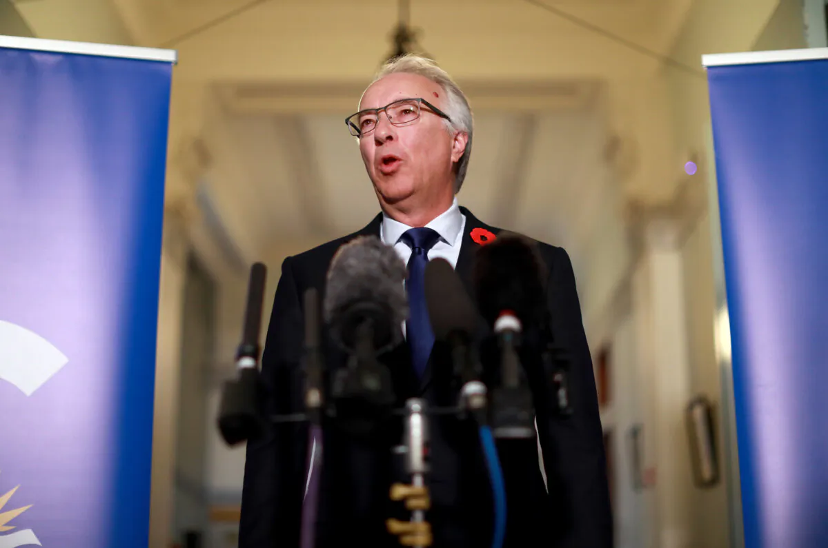 B.C. Conservative Leader John Rustad holds a media availability following election results at the legislature in Victoria, on Oct. 29, 2024. (The Canadian Press/Chad Hipolito) 