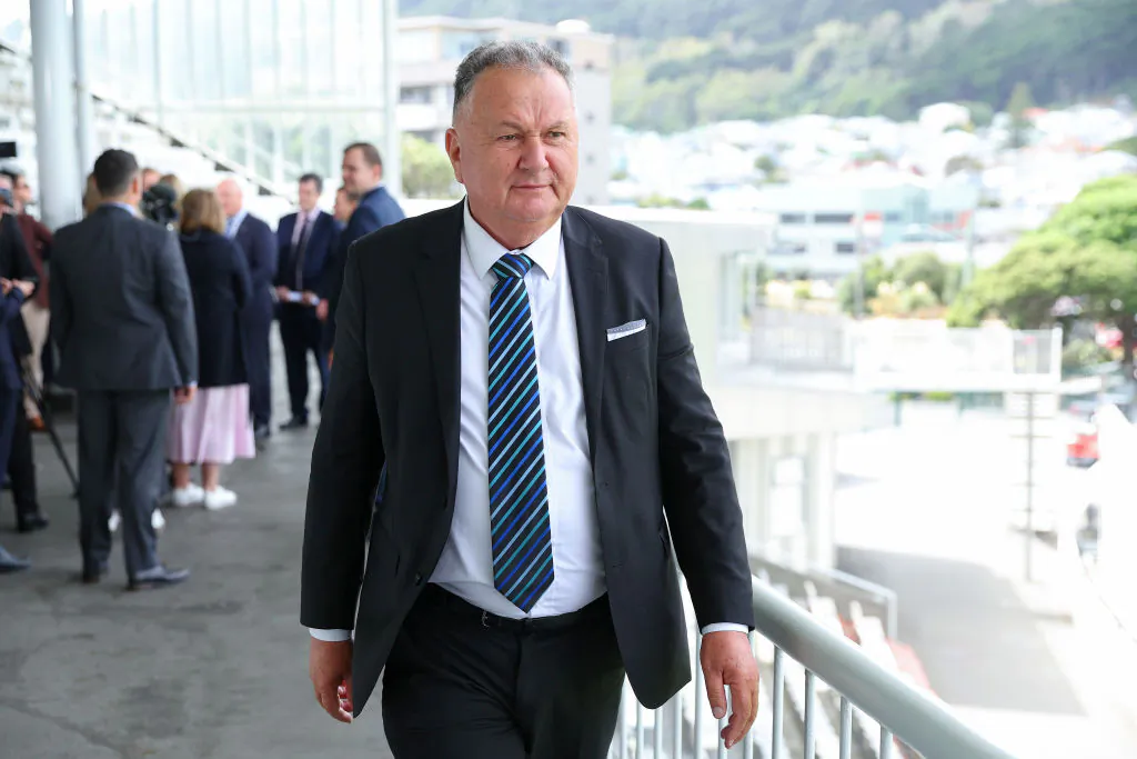 Minister Shane Jones looks on after a 100-day plan announcement at Basin Reserve in Wellington, New Zealand, on March 7, 2024. (Hagen Hopkins/Getty Images)