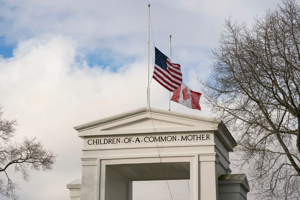The Peace Arch monument on the border between Canada and the United States in Blaine, Washington, on Feb. 1, 2025. (David Ryder/Getty Images)