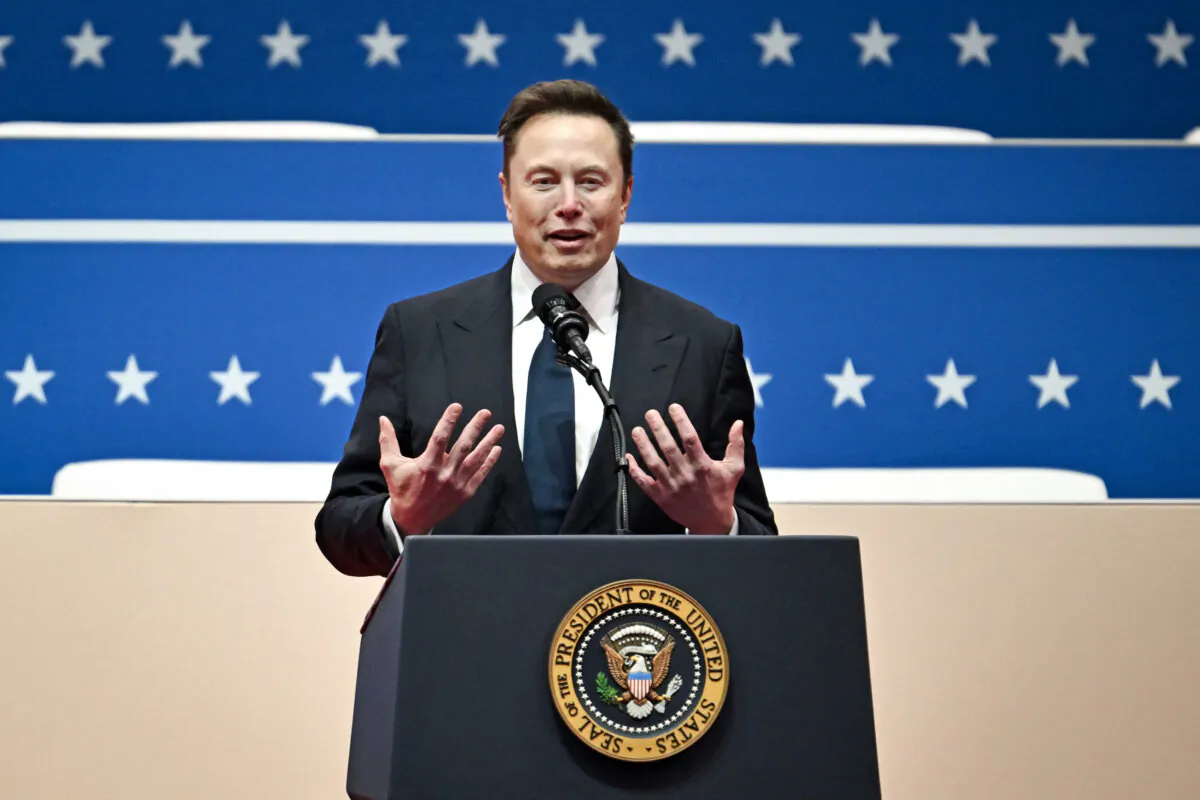 Tesla and SpaceX CEO Elon Musk gestures as he speaks during the inaugural parade inside Capital One Arena, in Washington, D.C., on Jan. 20, 2025. (Angela Weiss/AFP via Getty Images)