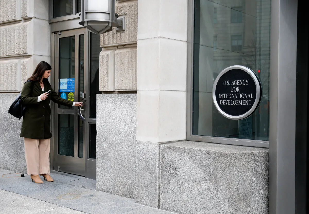 A person attempts to enter the U.S. Agency for International Development (USAID) headquarters in Washington on Feb. 3, 2025. (Kevin Dietsch/Getty Images)