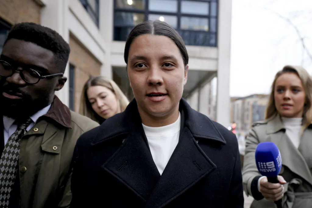 Australian football star Sam Kerr departs Kingston Crown Court after a pre-trial hearing on January 14, 2025 in Kingston upon Thames, England. The Matildas star, who also plays professionally for Chelsea in the Women's Super League, is facing charges of "racially aggravated harassment" of a police officer related to an incident in Twickenham on Jan. 30, 2023. (Dan Kitwood/Getty Images)
