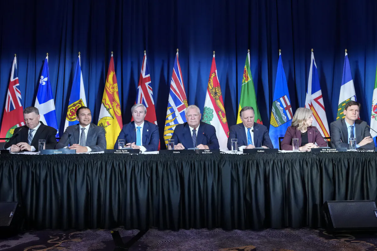 Canadian premiers speak to the media during their fall meeting in Toronto on Dec. 16, 2024. (Nathan Denette/The Canadian Press)