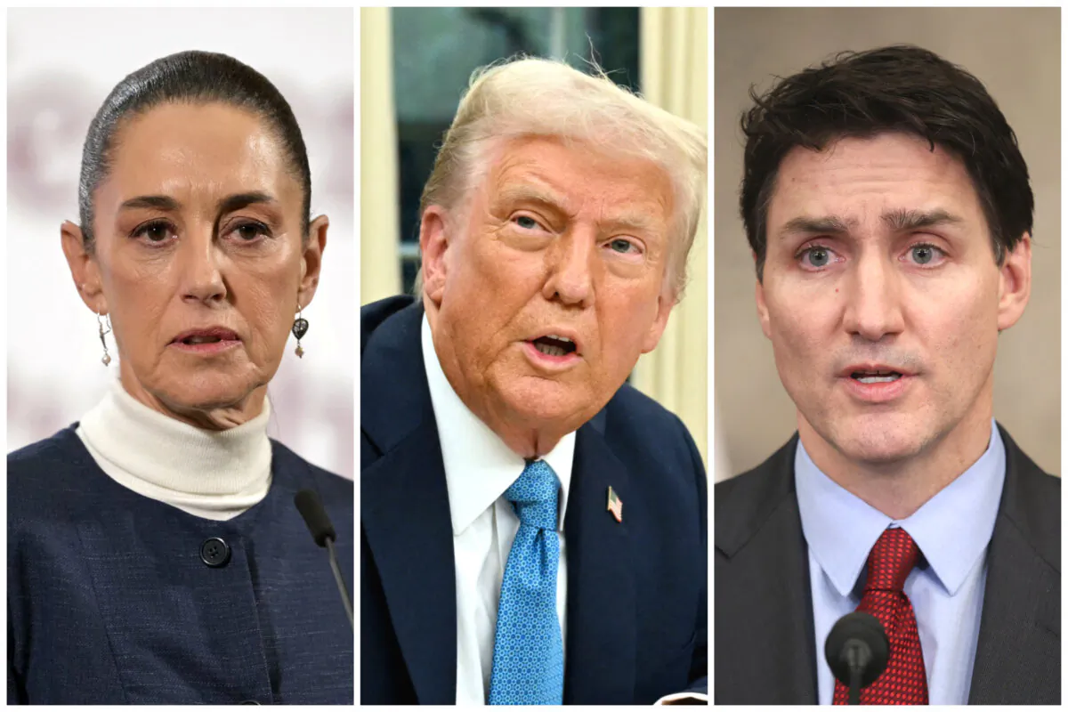 (Left) Mexico's President Claudia Sheinbaum speaks during her daily press conference at the National Palace in Mexico City on Feb. 3, 2025. (Center) U.S President Donald Trump speaks to the press in the Oval Office of the White House on Jan. 31, 2025. (Right) Canada's Prime Minister Justin Trudeau speaks during a news conference on Parliament Hill in Ottawa, Canada, on Feb. 1, 2025. (Yuri Cortez, Mandel Ngan, Dave Chan/AFP via Getty Images)