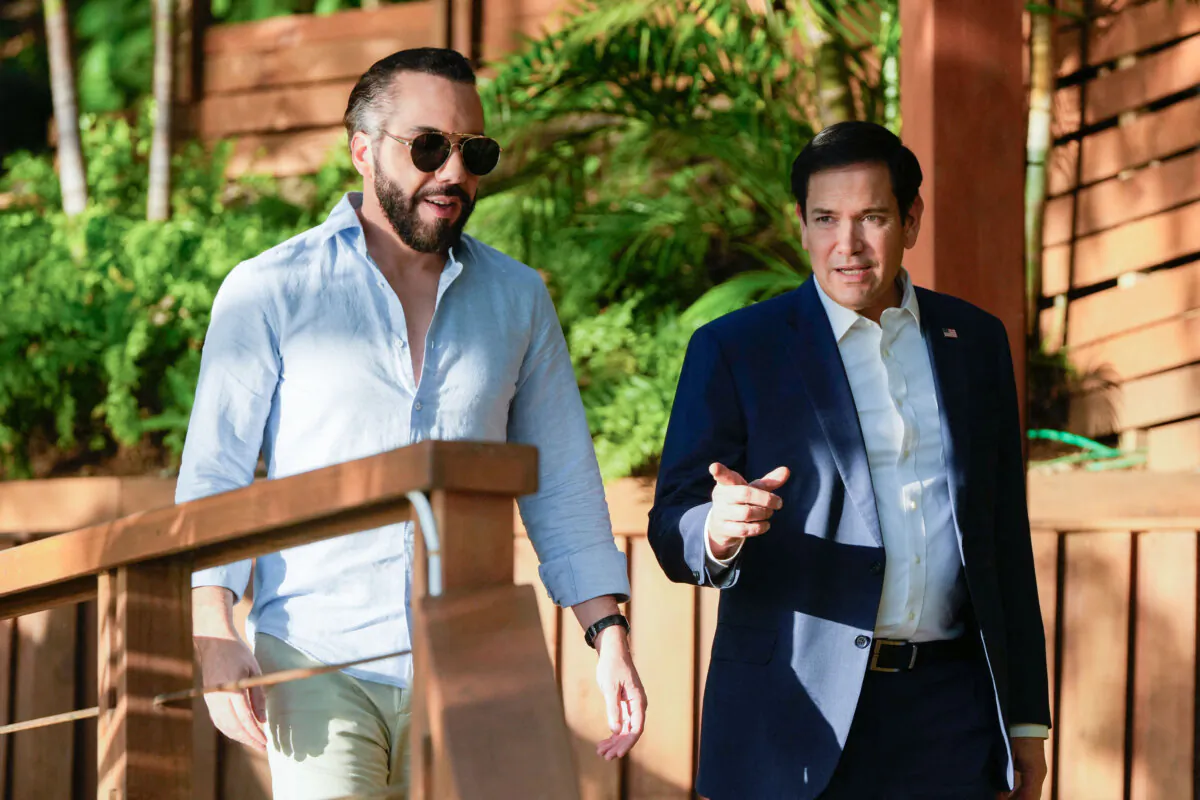 U.S. Secretary of State Marco Rubio (R) meets with El Salvador's President Nayib Bukele at his residence at Lake Coatepeque in El Congo municipality, El Salvador, on Feb. 3, 2025. (Mark Schiefelbein/Pool/AFP via Getty Images)
