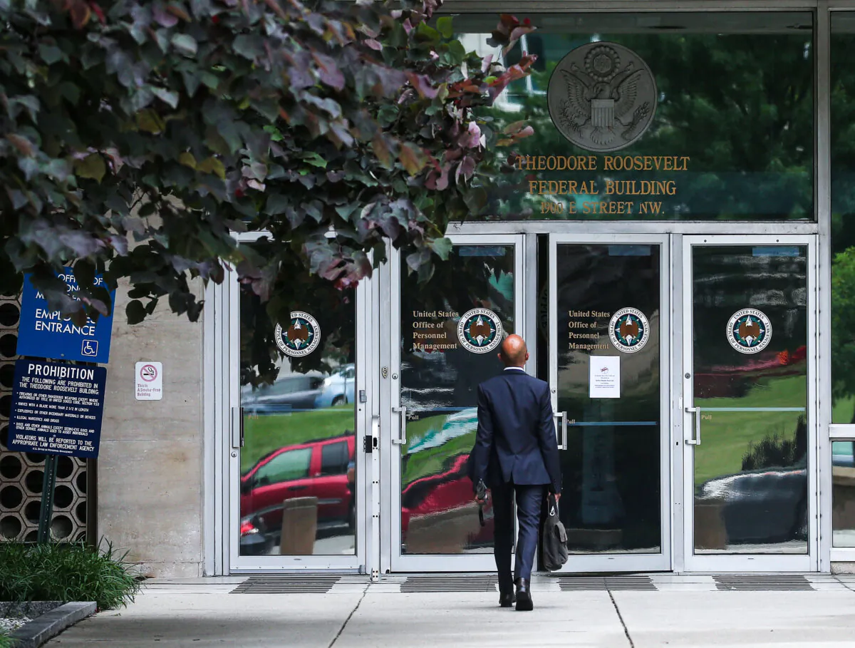 The entrance to the Theodore Roosevelt Federal Building that houses the Office of Personnel Management headquarters is shown in Washington on June 5, 2021. (Mark Wilson/Getty Images)