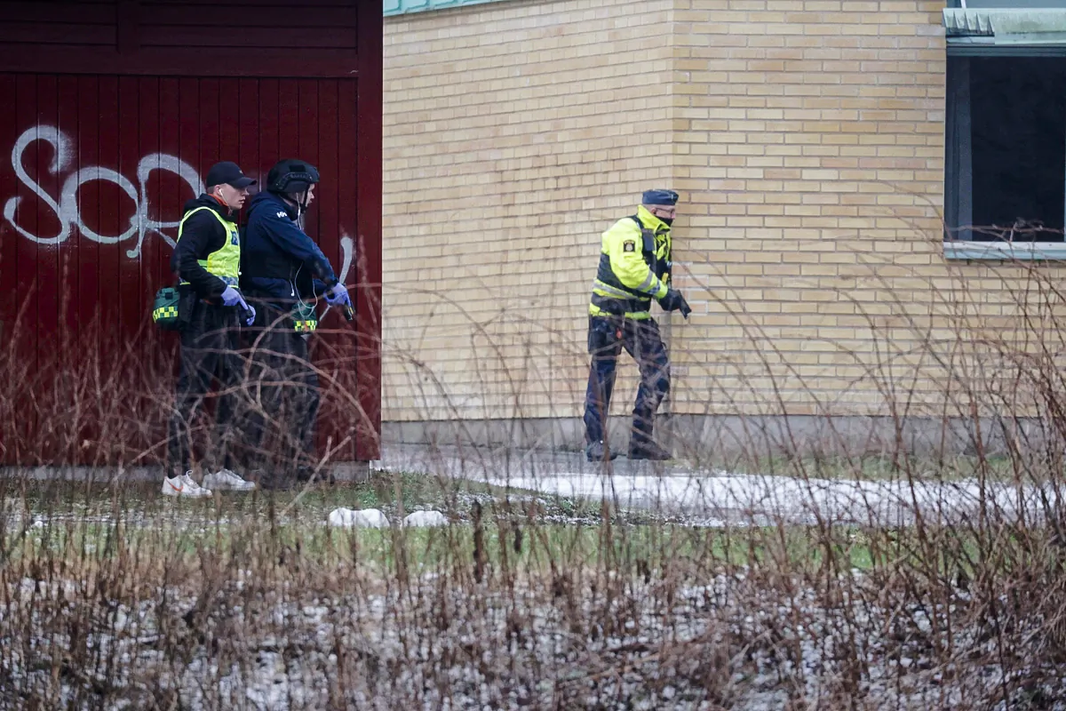 A major police operation is underway at Risbergska School, following reports of a violent crime, in Orebro, Sweden, on Feb. 4, 2025. (TT News Agency/Kicki Nilsson/via Reuters)
