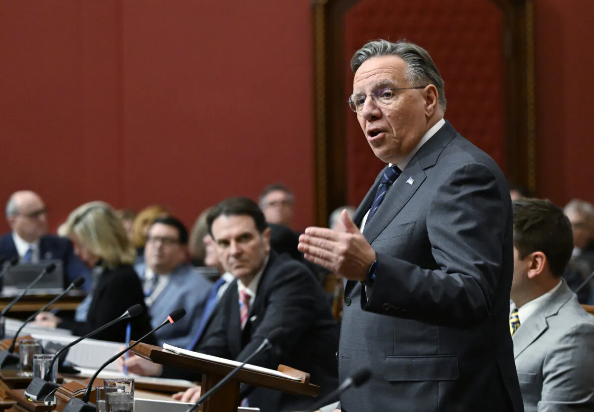 Quebec Premier Francois Legault makes a statement on U.S. President Donald Trump's tariffs at the legislature in Quebec City, on Feb. 4, 2025. (The Canadian Press/Jacques Boissinot) 
