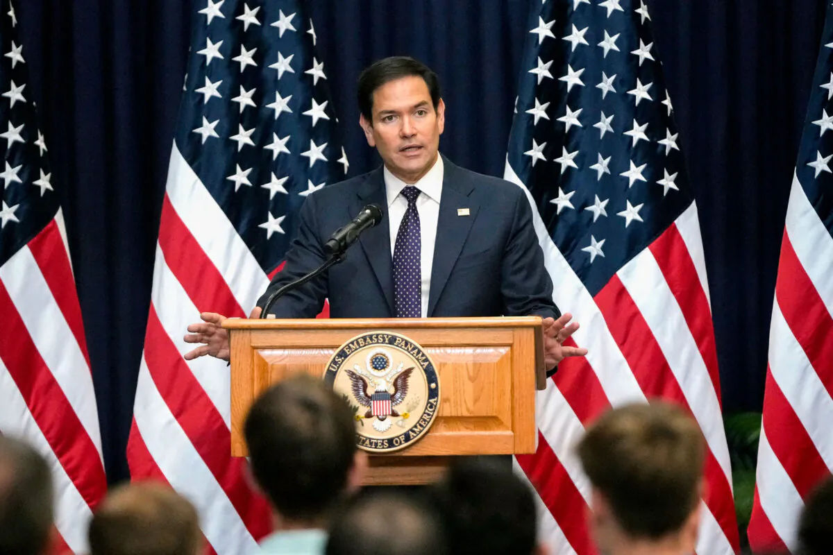 U.S. Secretary of State Marco Rubio addresses employees and families during a meet-and-greet at the U.S. Embassy in Panama City on Feb. 2, 2025. (Mark Schiefelbein/Pool/AFP via Getty Images)