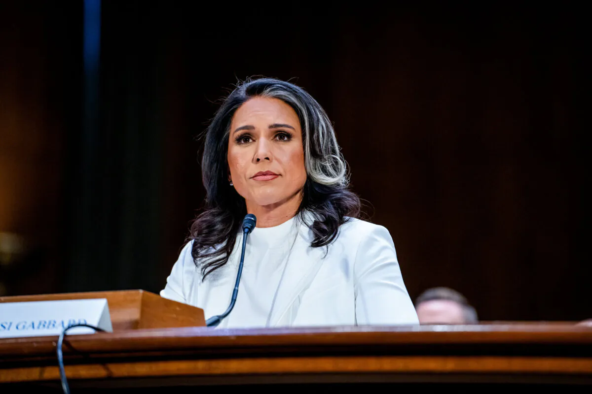 Tulsi Gabbard, nominee for Director of National Intelligence (DNI), testifies before the Senate Select Committee on Intelligence on Capitol Hill in Washington on Jan. 30, 2025. (Madalina Vasiliu/The Epoch Times)
