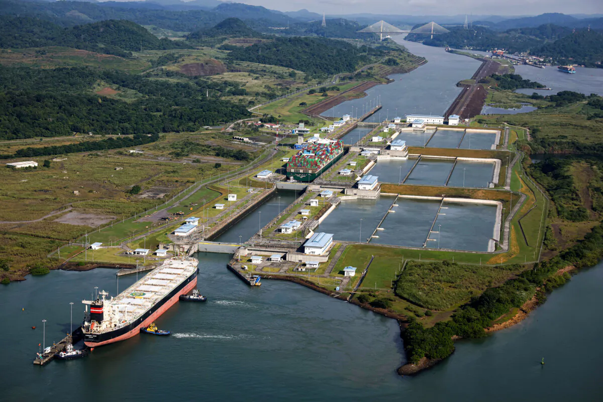 Container ship Tampa Triumph passes through the Miraflores Locks as it transits the Panama Canal in Panama City, Panama, on Sept. 20, 2023. (Justin Sullivan/Getty Images)