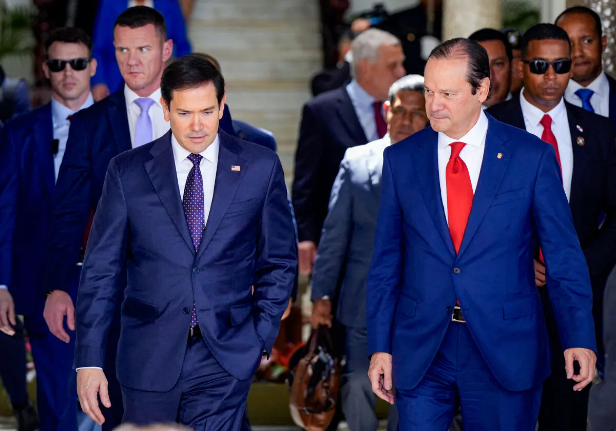 Panamanian Foreign Minister Javier Martínez-Acha (R) walks next to U.S. Secretary of State Marco Rubio after their meeting at the presidential palace in Panama City on Feb. 2, 2025. (Arnulfo Franco/AFP via Getty Images)
