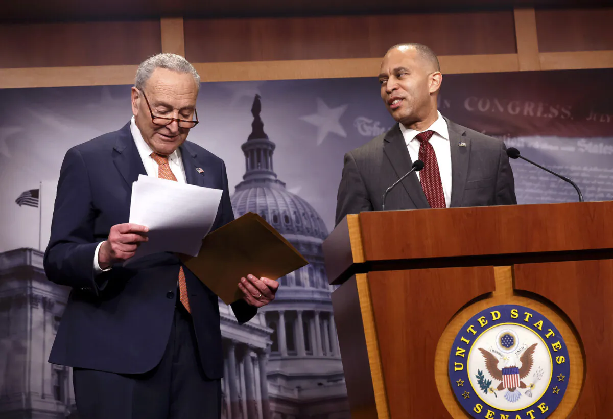 U.S. Senate Minority Leader Chuck Schumer (D-N.Y.) (L) and House Minority Leader Hakeem Jeffries (D-N.Y.) speak at a press conference to introduce the Stop The Steal Act at the U.S. Capitol in Washington on Feb. 4, 2025. (Kevin Dietsch/Getty Images)