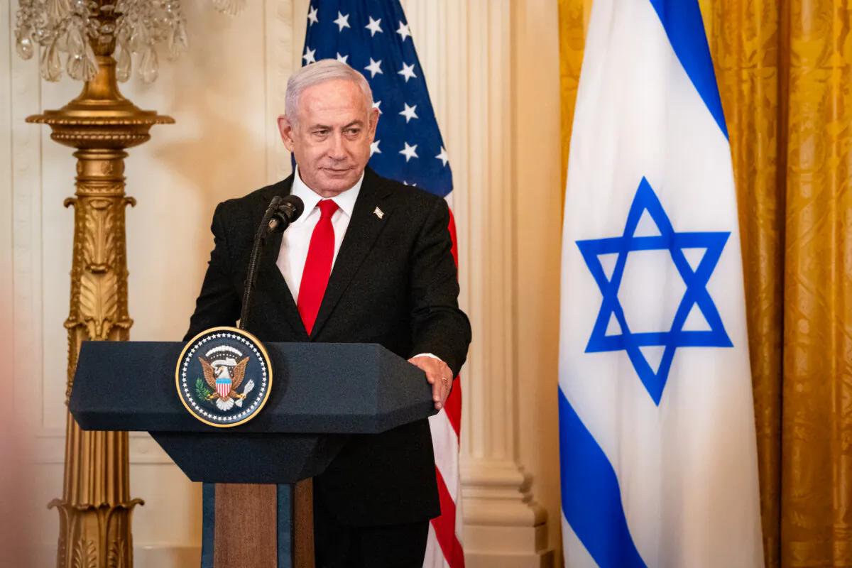 Prime Minister of the State of Israel, Benjamin Netanyahu, speaks during a press conference with President Donald Trump at the White House on Feb. 4, 2025. (Madalina Vasiliu/The Epoch Times)