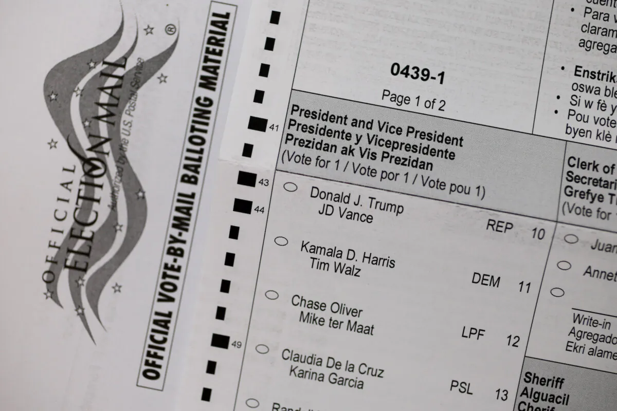In this photo illustration, the names of the candidates for the 2024 Presidential election, including Republican presidential nominee, former U.S. President Donald Trump, and Democratic presidential nominee, Vice President Kamala Harris, appear on a vote-by-mail ballot in Miami, Fla., on Oct. 2, 2024. (Joe Raedle/Getty Images)