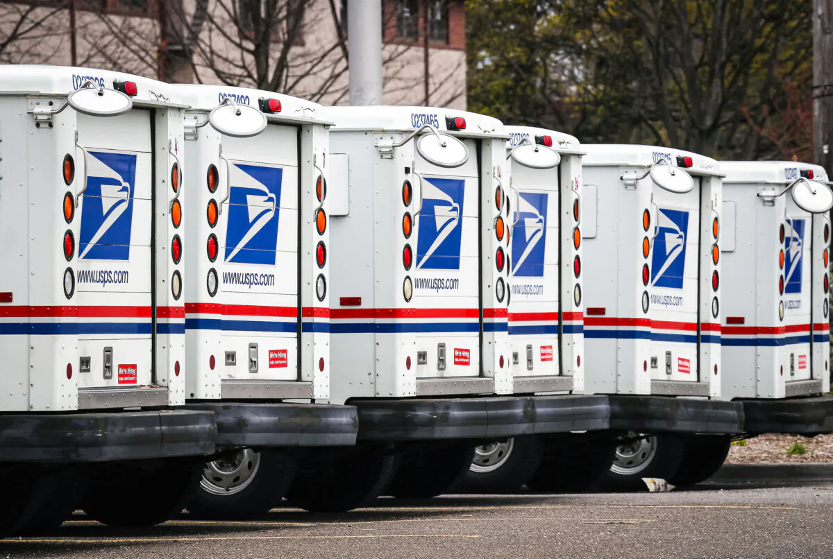 A general view of U.S. Postal Service trucks in Farmingdale, New York, on April 12, 2020. (Bruce Bennett/Getty Images)