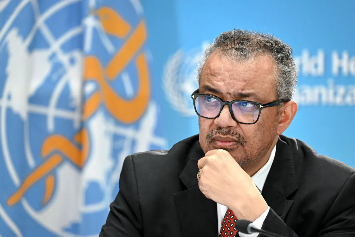 World Health Organization Director-General Tedros Adhanom Ghebreyesus attends a press conference on the WHO's 75th anniversary in Geneva, Switzerland, on April 6, 2023. (Fabrice Coffrini/AFP via Getty Images)