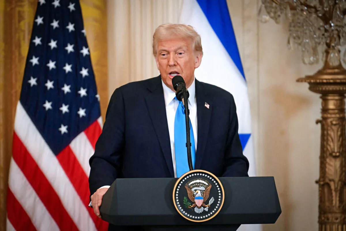 U.S. President Donald Trump speaks during a press conference with Israeli Prime Minister Benjamin Netanyahu in the East Room of the White House in Washington on Feb. 4, 2025. (Jim Watson/AFP via Getty Images)