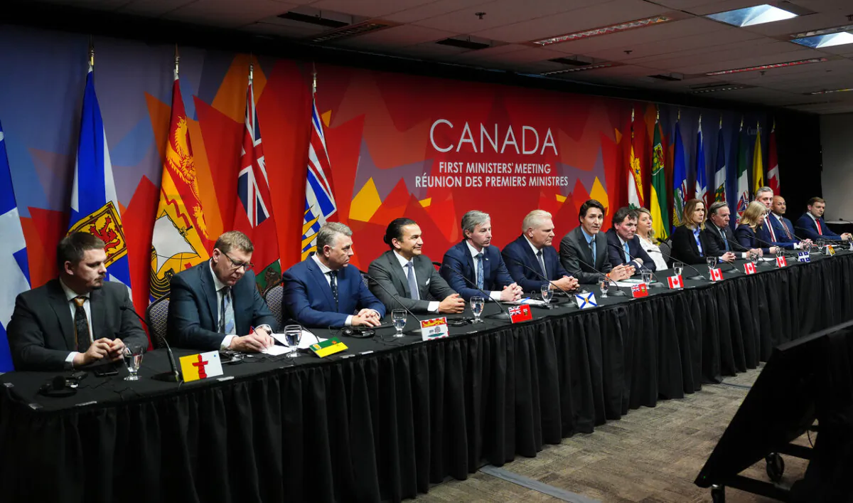 Premiers and senior federal government figures attends a press conference concluding a first ministers meeting, in Ottawa, on Jan. 15, 2025. (The Canadian Press/Sean Kilpatrick)