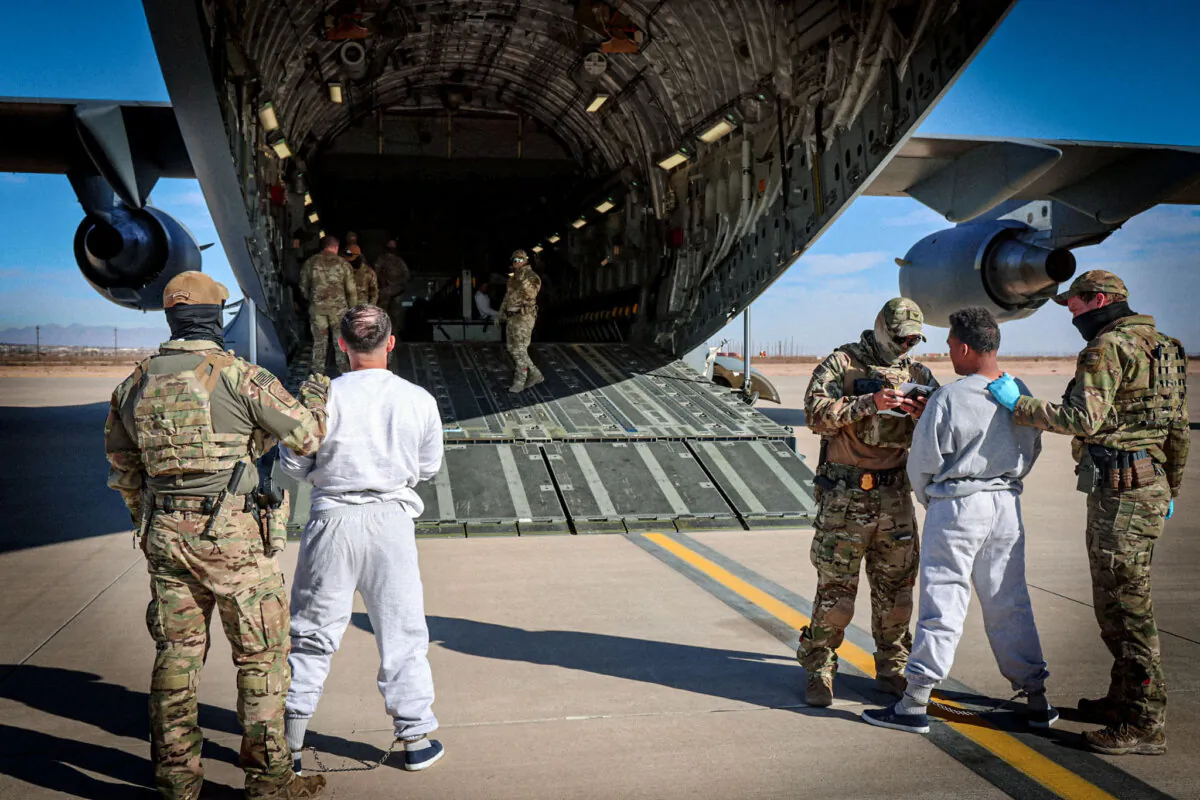 The first flight carrying criminal illegal immigrants to Guantanamo Bay prepares to depart, in El Paso, Texas, on Feb. 4, 2025. (Department of Homeland Security)
