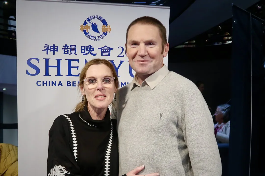 Rebecca and Paul Knight attend Shen Yun Performing Arts at the New Victoria Theatre in Woking, UK, on Feb. 5, 2025. (The Epoch Times)