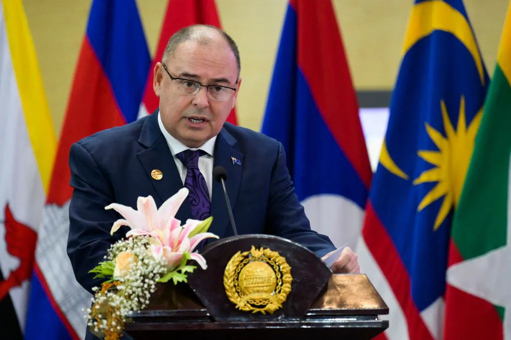 Cook Islands' Foreign Minister Mark Stephen Brown speaks before a signing ceremony of the memorandum of understanding between the Association of Southeast Asian Nations and the Pacific Island Forum, and the Indian Ocean RIM Association during an ASEAN Ministerial Meeting in Jakarta, Indonesia, on Sept. 4, 2023. (BAY ISMOYO/AFP via Getty Images)
