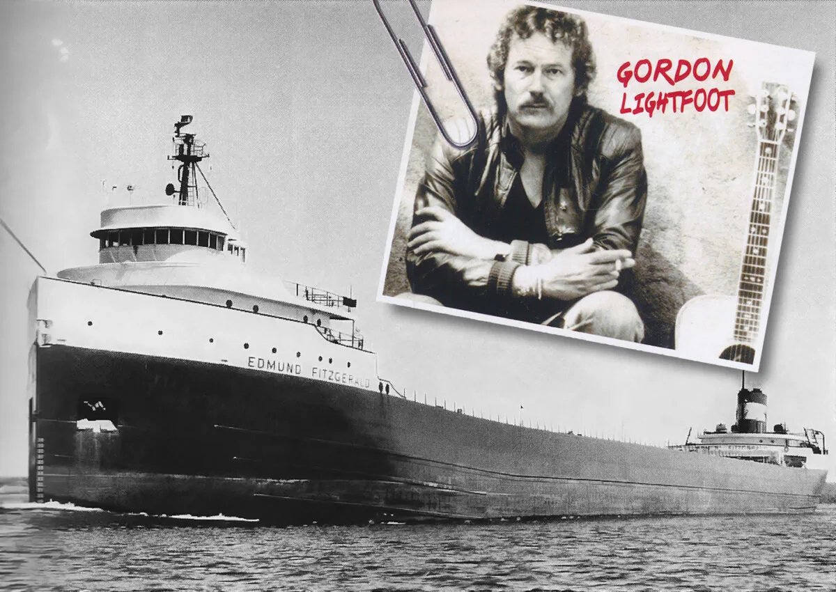 The SS Edmund Fitzgerald with a photo of Gordon Lightfoot from his “Singer Songwriter” album. (Public Domain)