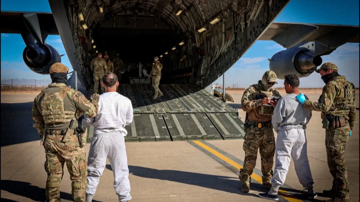 The first flight of high-threat illegal immigrants is prepared for transport from Fort Bliss, Texas, to Guantanamo Bay Naval Base in Cuba on Feb. 4, 2025. (Courtesy of the U.S. Department of Homeland Security)