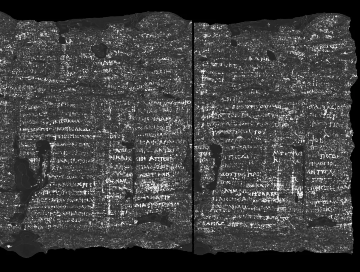 This undated image shows an X-ray scan of part of papyrus scroll PHerc.172, showing the word 'disgust', one of hundreds of papyrus scrolls found amid the remains of a lavish villa at the Roman town of Herculaneum, which was destroyed when Mt. Vesuvius erupted in A.D. 79. (Vesuvius Challenge via AP)