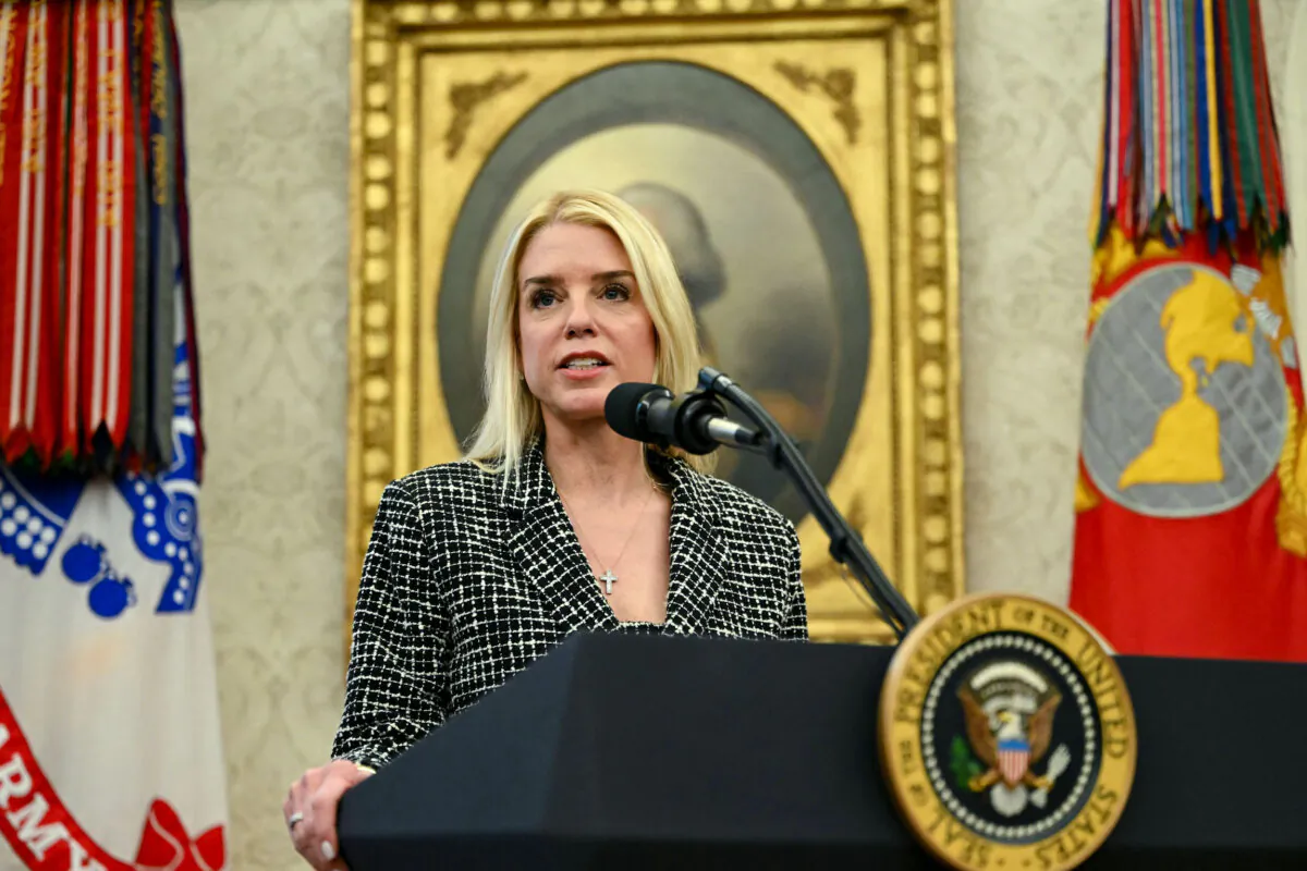 Attorney General Pam Bondi speaks in Washington on Feb. 5, 2025. (Andrew Caballero-Reynolds/AFP via Getty Images)