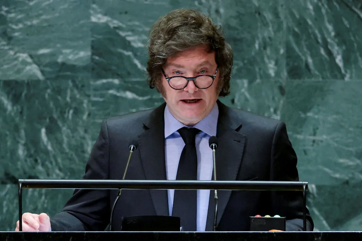 Argentine President Javier Milei addresses the 79th United Nations General Assembly at U.N. headquarters in New York City on Sept. 24, 2024. (Mike Segar/Reuters)