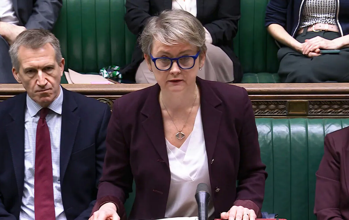 Home Secretary Yvette Cooper giving a statement in the House of Commons on child sexual exploitation and abuse, in London on Jan. 16, 2025. (House of Commons/UK Parliament/PA)