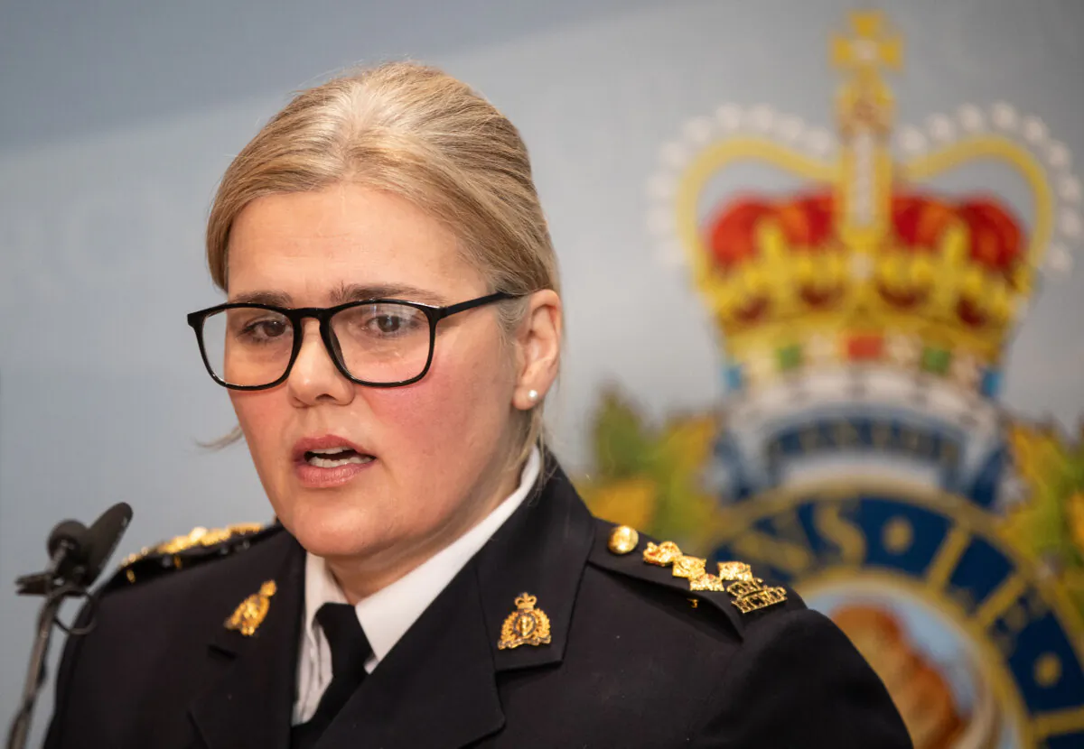 Assistant Commissioner Lisa Moreland, Regional Commander of the RCMP Federal Policing Northwest Region, speaks to media in Edmonton on Feb. 5, 2025 about three Canada-U.S. border events. (THE CANADIAN PRESS/Jason Franson)