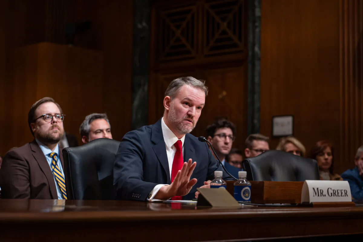 Nominee for the U.S. Trade Representative, Jamieson Greer, testifies before the Senate Committee on Finance on Capitol Hill in Washington on Feb. 6, 2025. (Madalina Vasiliu/The Epoch Times)