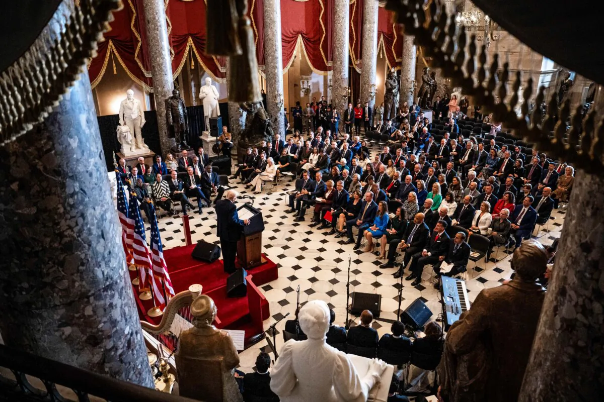 President Donald Trump speaks at the national prayer breakfast at the U.S. Capitol in Washington, on Feb. 6, 2025. (Madalina Vasiliu/The Epoch Times)