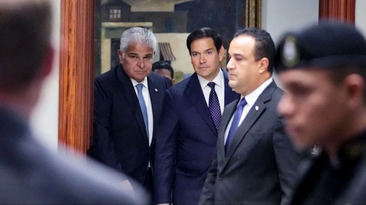 Panamanian President José Raúl Mulino (L) and U.S. Secretary of State Marco Rubio arrive for a meeting at the presidential palace in Panama City on Feb. 2, 2025. (Mark Schiefelbein/Pool/AFP via Getty Images)