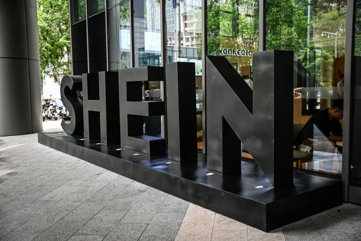The logo of fast fashion e-commerce company Shein outside its office in Guangzhou, China, on June 11, 2024. (Jade Gao/AFP via Getty Images)