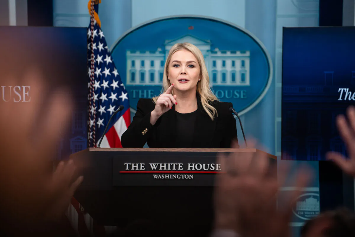 White House press secretary Karoline Leavitt speaks during a press briefing at the White House on Feb. 5, 2025. (Madalina Vasiliu/The Epoch Times)