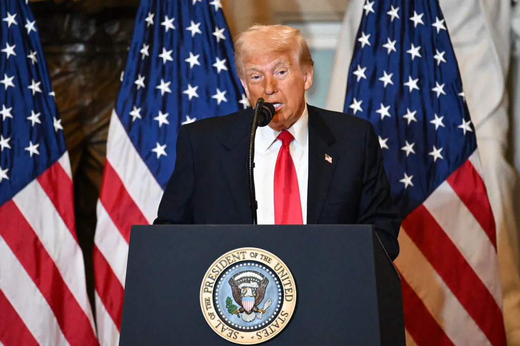 President Donald Trump speaks during the National Prayer Breakfast at the U.S. Capitol in Washington on Feb. 6, 2025. (Mandel Ngan/AFP via Getty Images)
