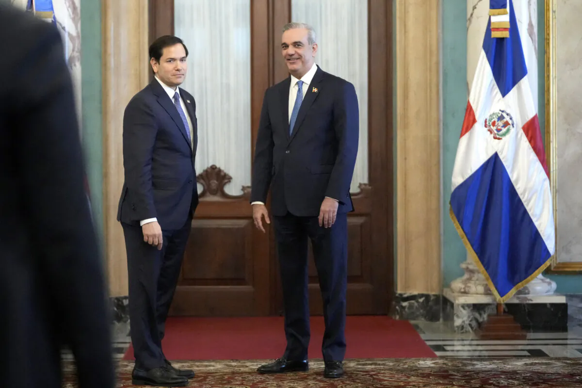 U.S. Secretary of State Marco Rubio (L) stands with Dominican Republic President Luis Abinader at the end of their joint news conference at the National Palace in Santo Domingo, on Feb. 6, 2025. (Mark Schiefelbein/Pool/AFP via Getty Images)