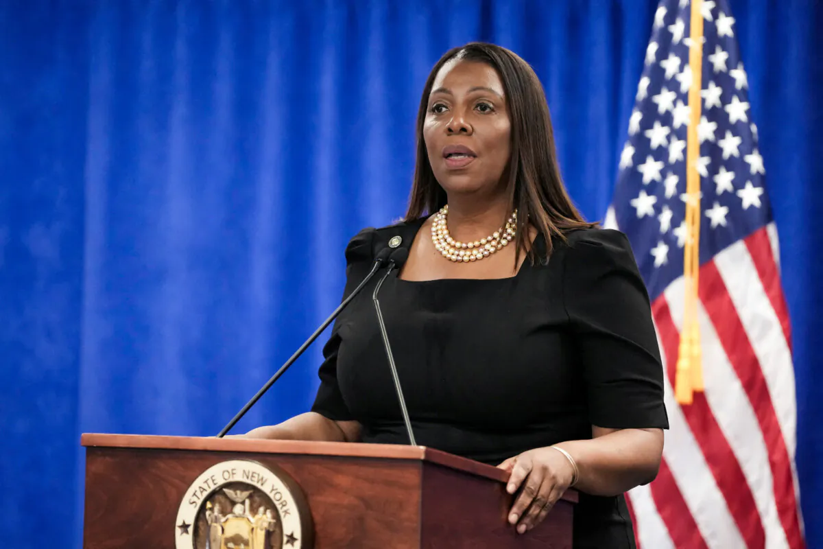 New York Attorney General Letitia James speaks during a press conference in the Manhattan borough of New York City, on Feb. 16, 2024. (David Dee Delgado/Reuters)