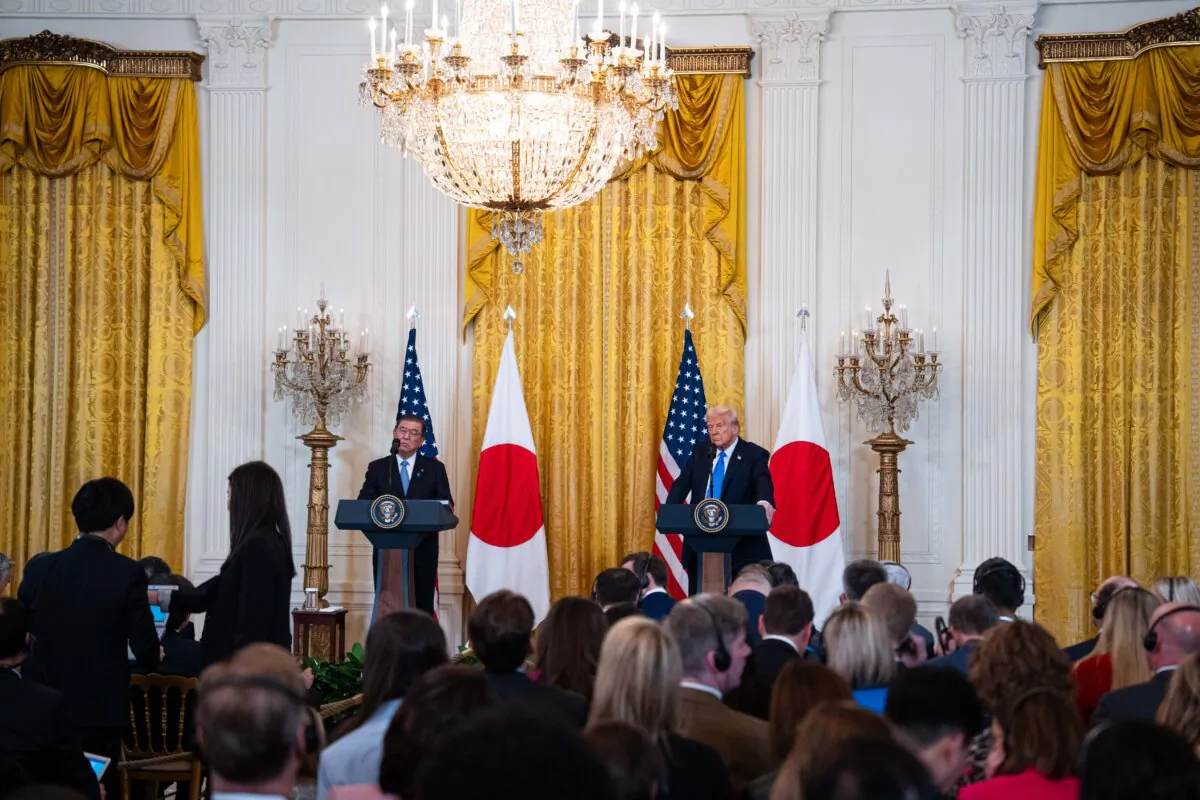 Japanese Prime Minister Shigeru Ishiba and U.S. President Donald Trump speak during a press conference at the East Room of the White House in Washington on Feb. 7, 2025. (Madalina Vasiliu/The Epoch Times)