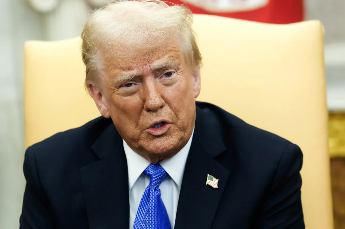 U.S. President Donald Trump delivers remarks as he meets with Japanese Prime Minister Shigeru Ishiba in the Oval Office of the White House in Washington on Feb. 7, 2025. (Anna Moneymaker/Getty Images)
