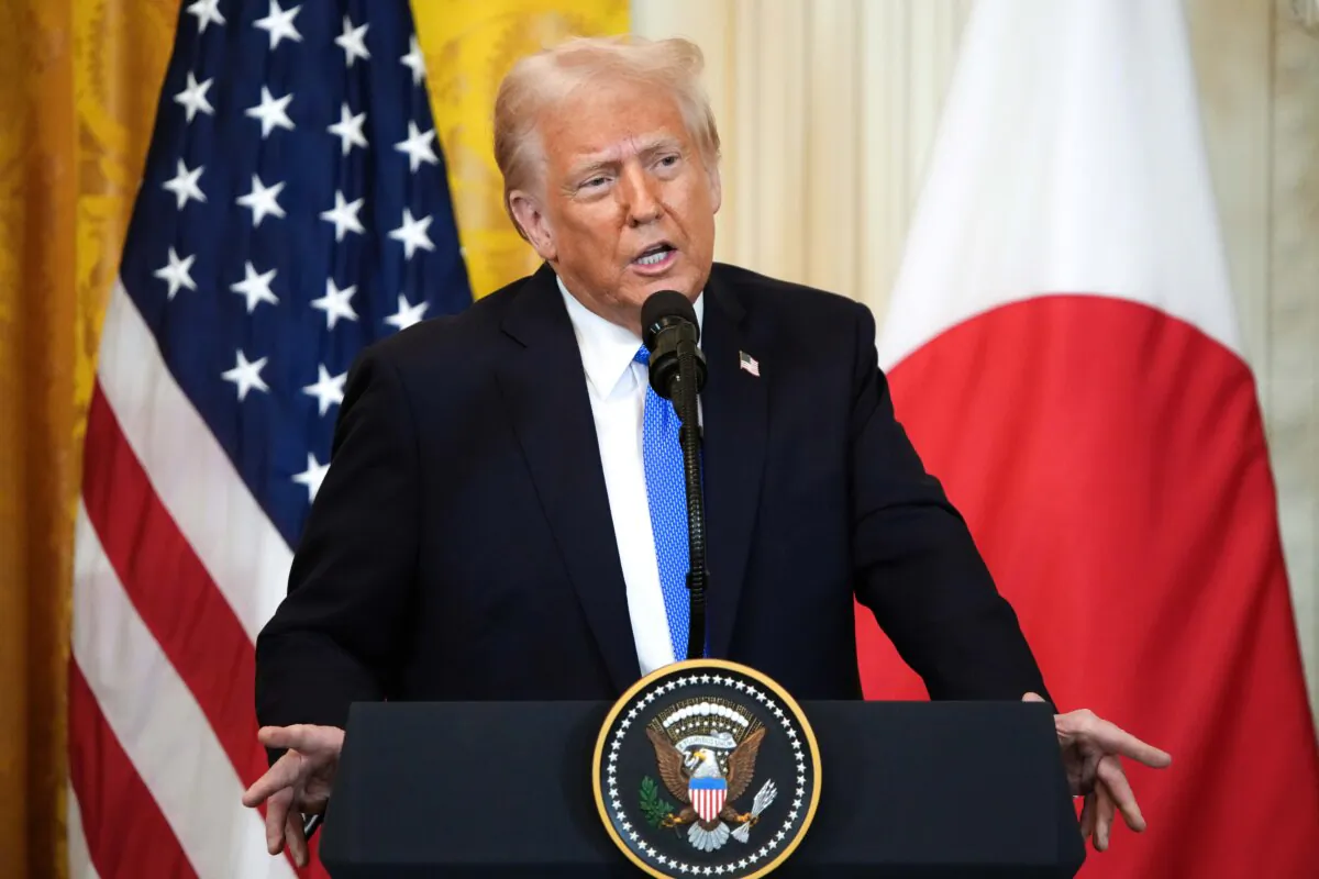 President Donald Trump speaks during a joint press conference with Japanese Prime Minister Shigeru Ishiba in the East Room at the White House on Feb. 7, 2025. (Andrew Harnik/Getty Images)