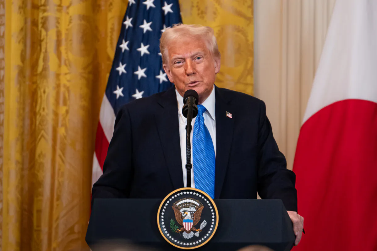 President Donald Trump speaks during a press conference at the East Room of the White House in Washington on Feb. 7, 2025. (Madalina Vasiliu/The Epoch Times)