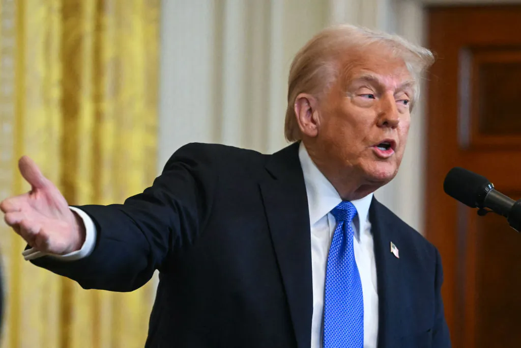 U.S. President Donald Trump speaks in the East Room of the White House in Washington on Feb. 7, 2025. (Jim Watson/AFP via Getty Images)