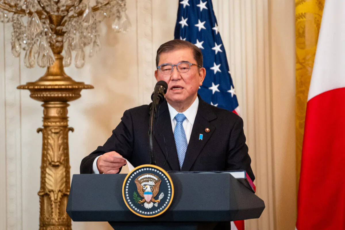 Japanese Prime Minister Shigeru Ishiba speaks during a press conference with U.S. President Donald Trump at the East Room of the White House in Washington on Feb. 7, 2025. (Madalina Vasiliu/The Epoch Times)